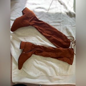Over the need faux suede boots-never worn. Color cognac